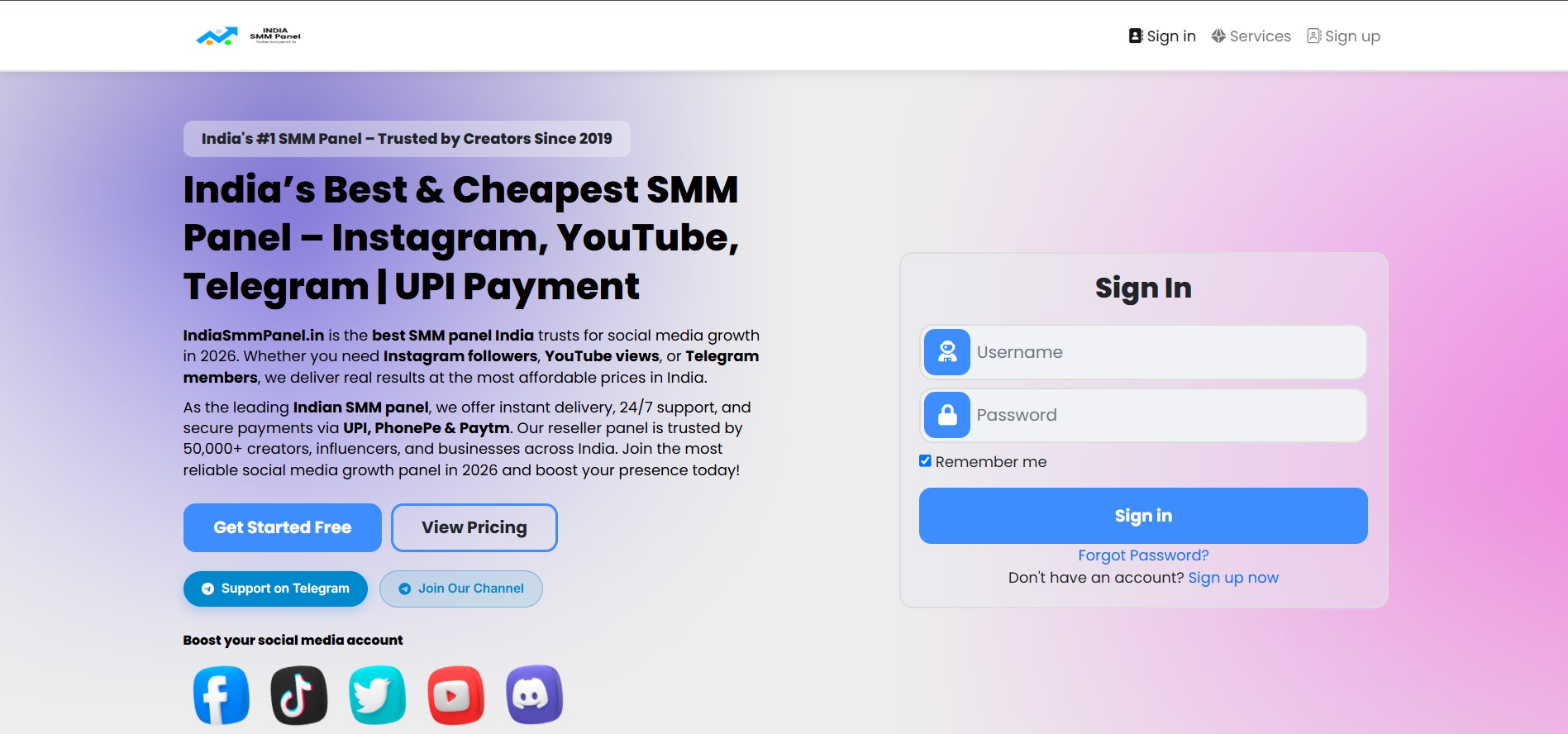 India SMM Panel — Homepage hero with sign-in form